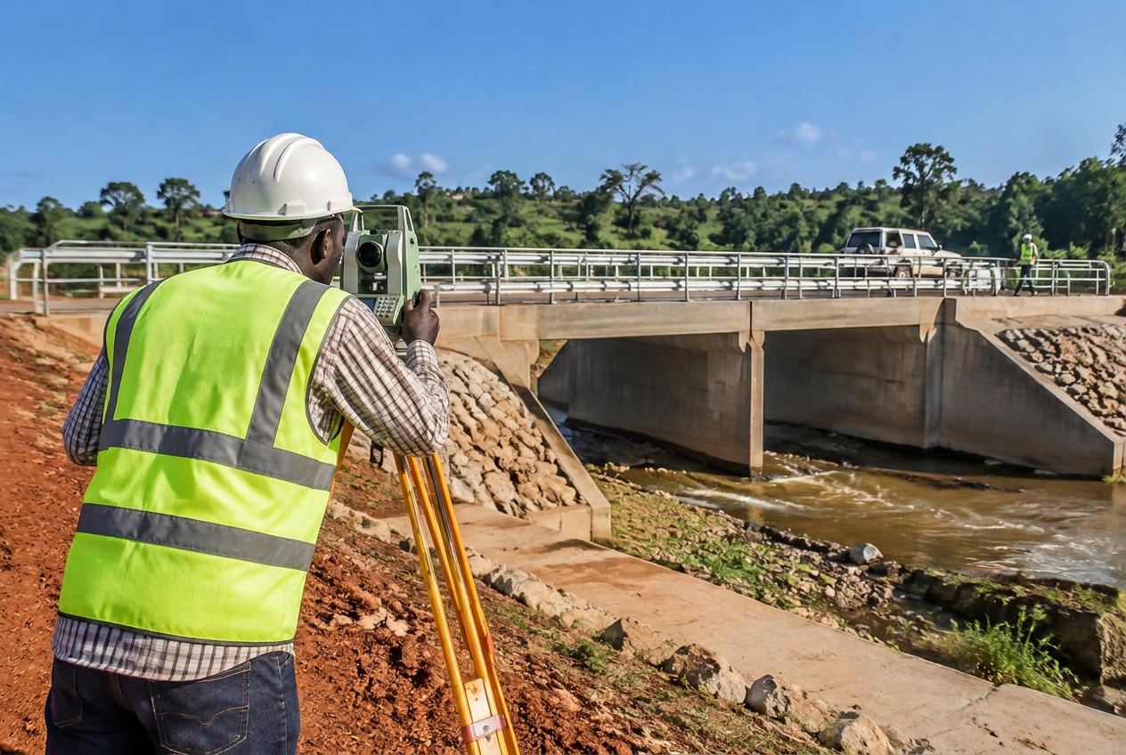 Surveyor recording levels beside a newly built concrete road bridge in Uganda