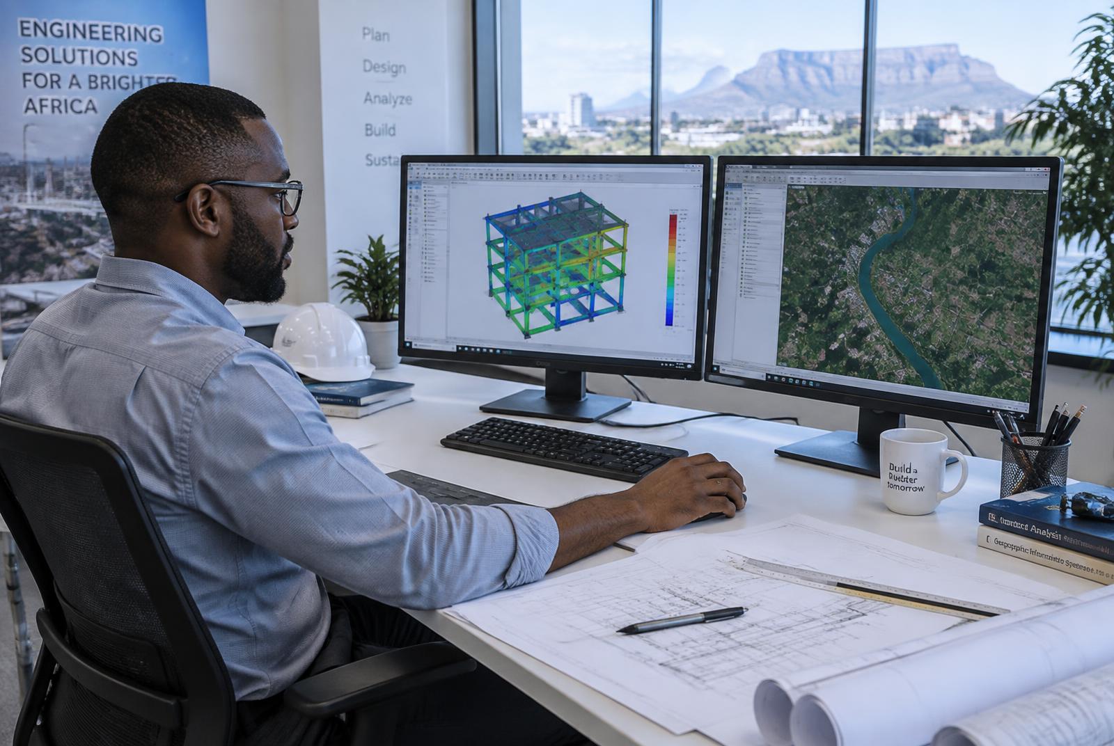 Engineer running structural analysis and GIS mapping software